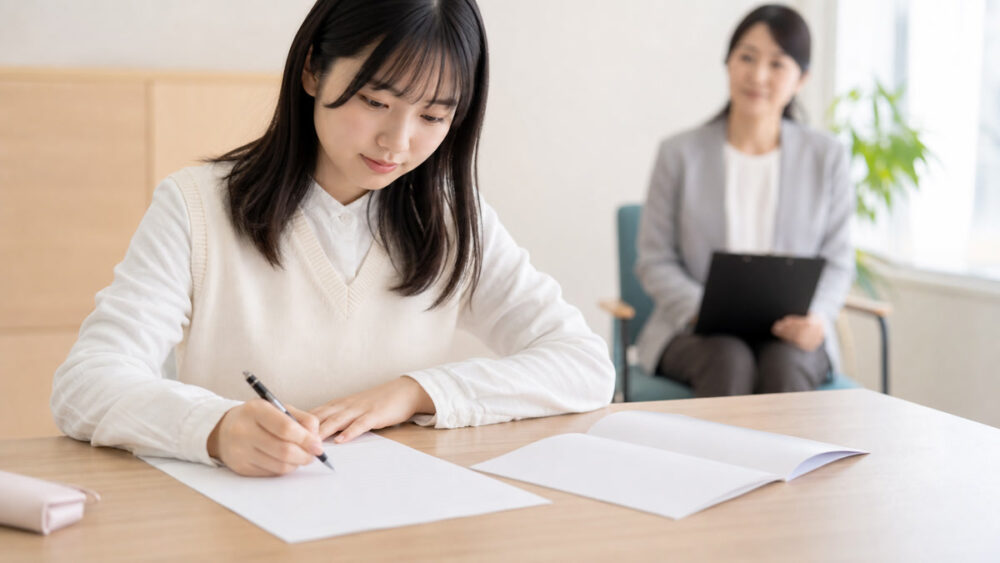 面接担当者の前で出願書類を確認して記入する受験者