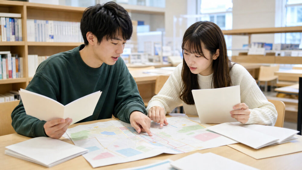 地図と資料を見ながら難波・代々木・名古屋の通学校舎を比較するイメージ