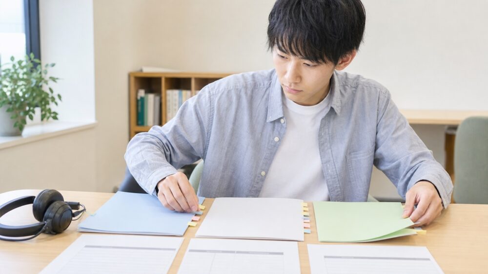 複数の声優養成所や専門学校の資料を並べて比較検討する学生のイメージ