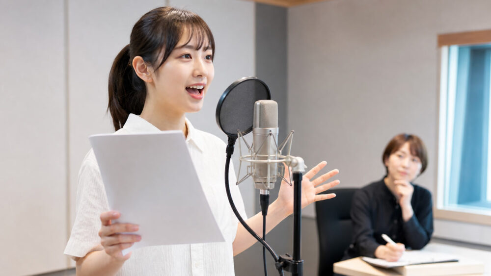 スタジオマイクの前で声優オーディションに挑戦する受講生のイメージ