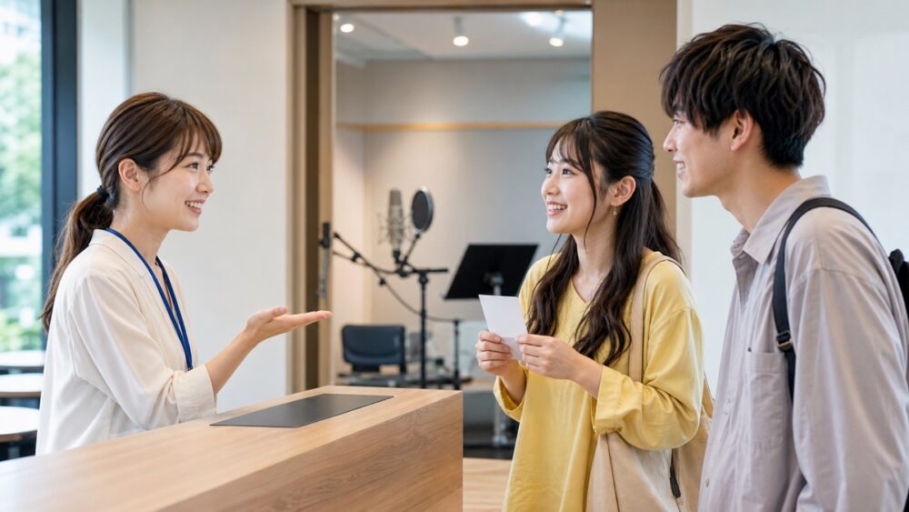 声優体験レッスンの受付で説明を受ける参加者