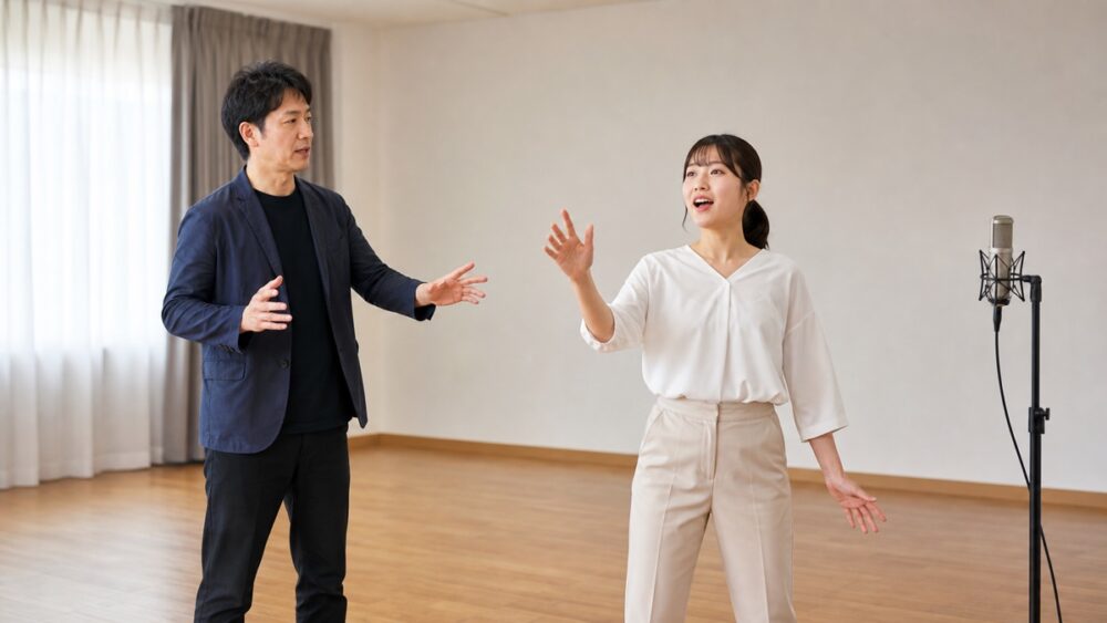 講師の指導を受けながら舞台表現と演技を練習する一般的な受講生