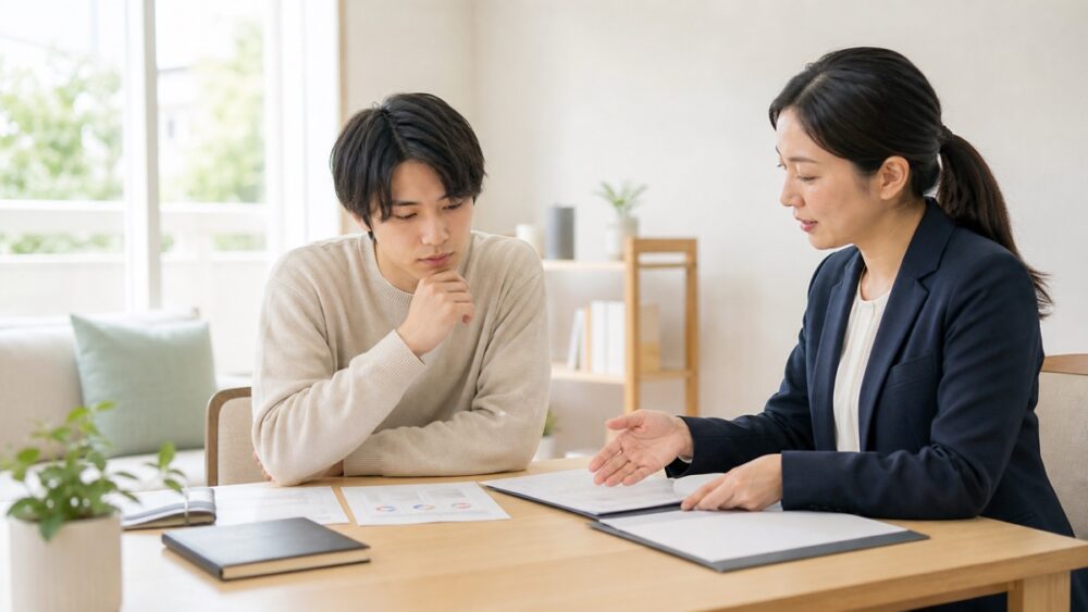 静岡県内の声優スクールの認可区分を相談員と確認する学生