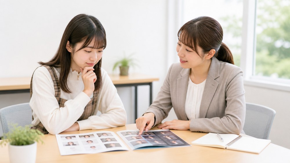 週1回クラスと週2回クラスの違いを資料で相談するイメージ