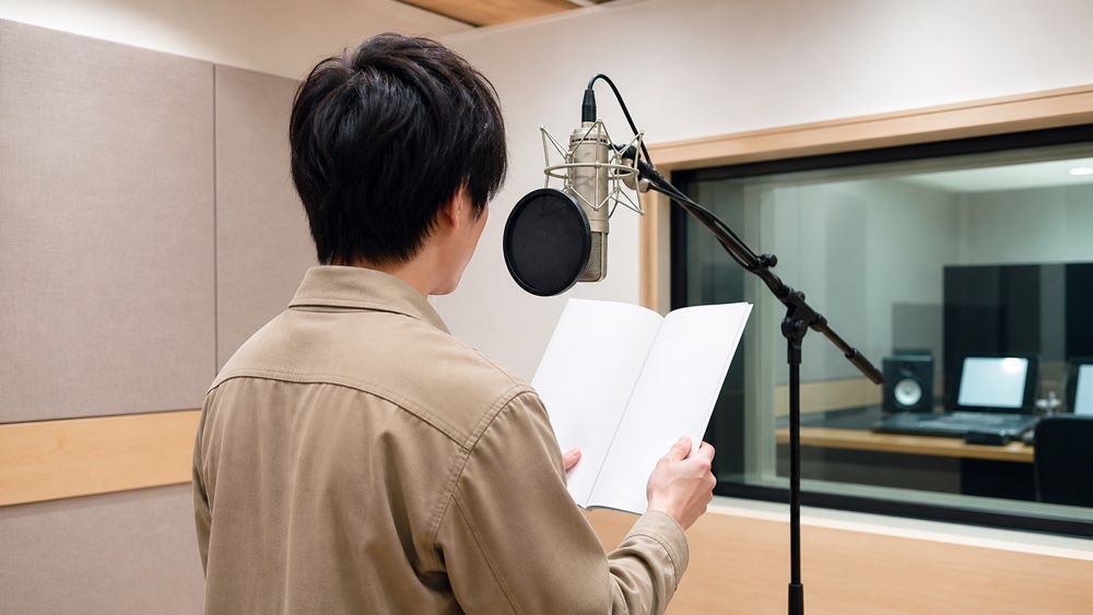 明るい録音ブースでマイクに向かい台本を持つ声優志望者の後ろ姿