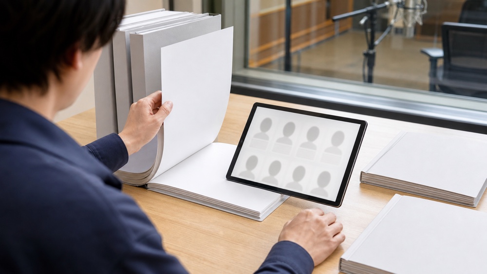所属声優のプロフィール資料とタブレットの一覧を確認する人の手元