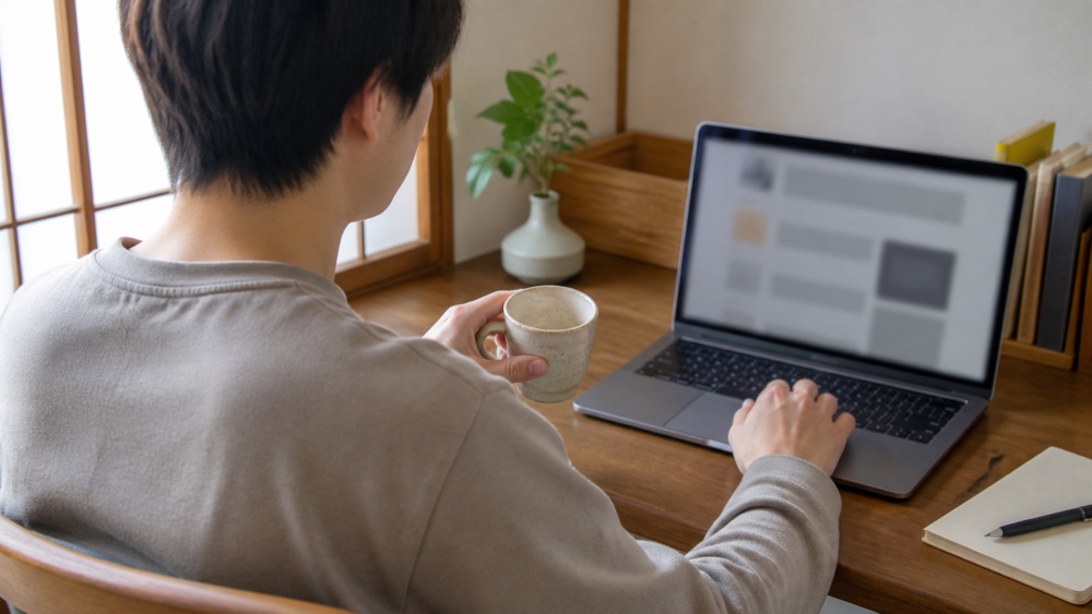 パソコンで評判や口コミの情報を確認する人の手元