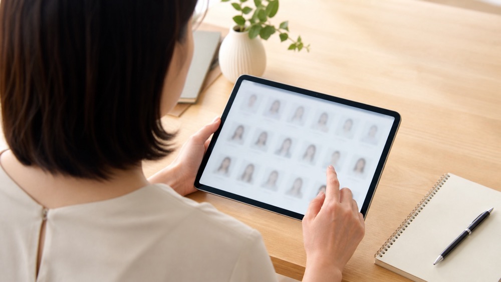 所属声優のプロフィール一覧をタブレットで確認する人の手元