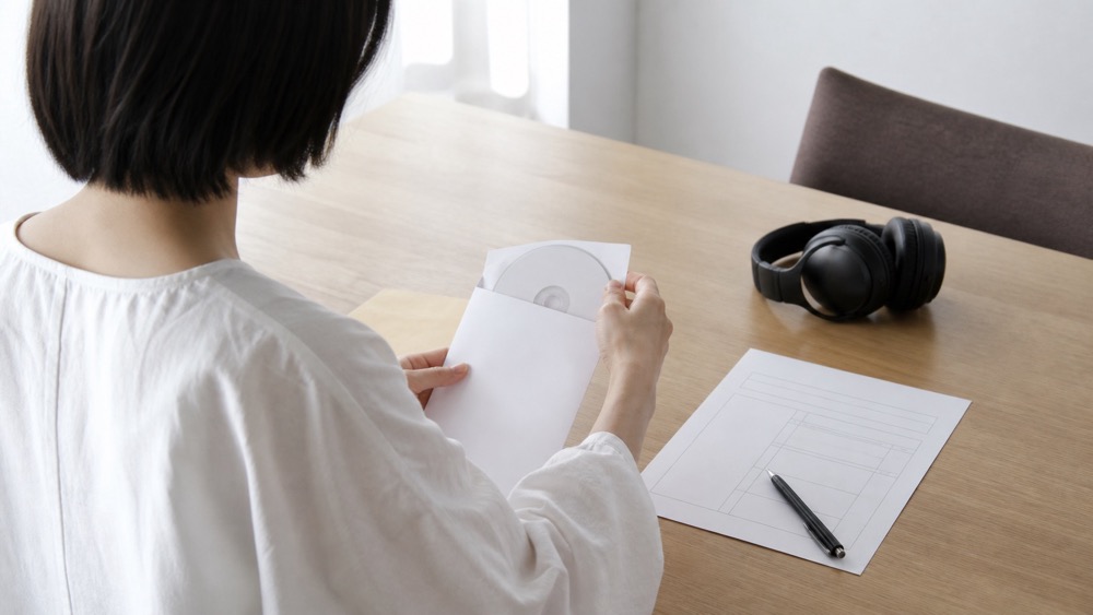 応募用のボイスサンプルと書類を準備する人の手元