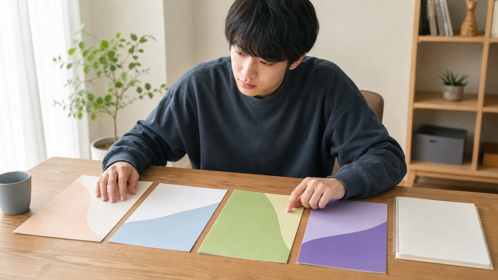 複数の進路資料を並べて比較検討する声優志望者