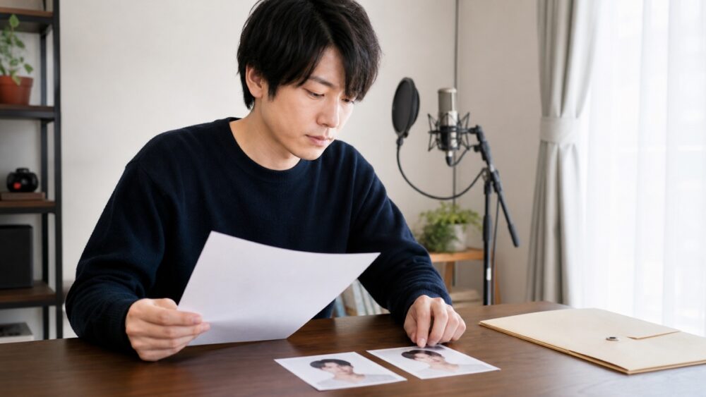 声優養成所の応募書類とプロフィール写真を準備する様子