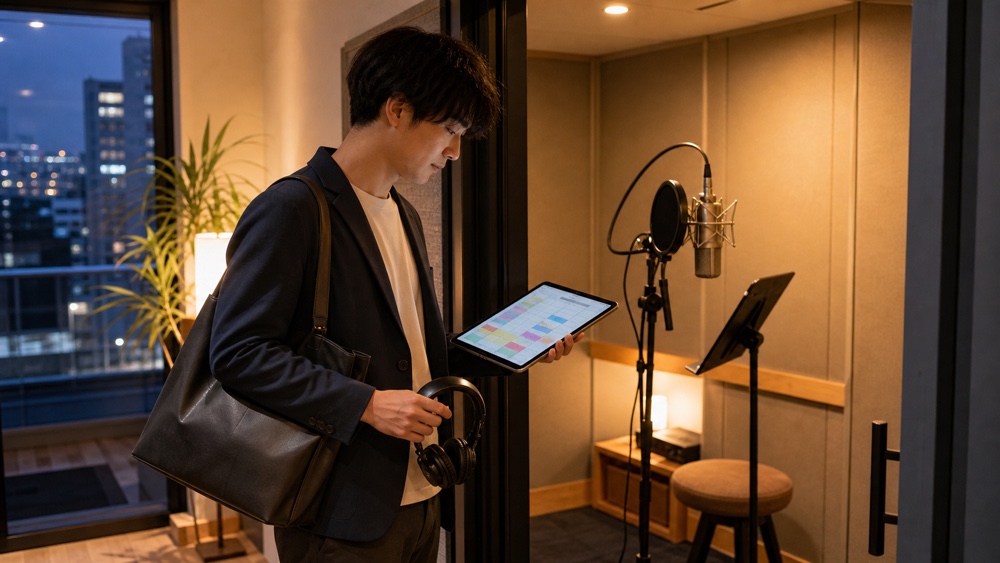 仕事帰りに予定を確認して声優練習へ向かう社会人（イメージ）