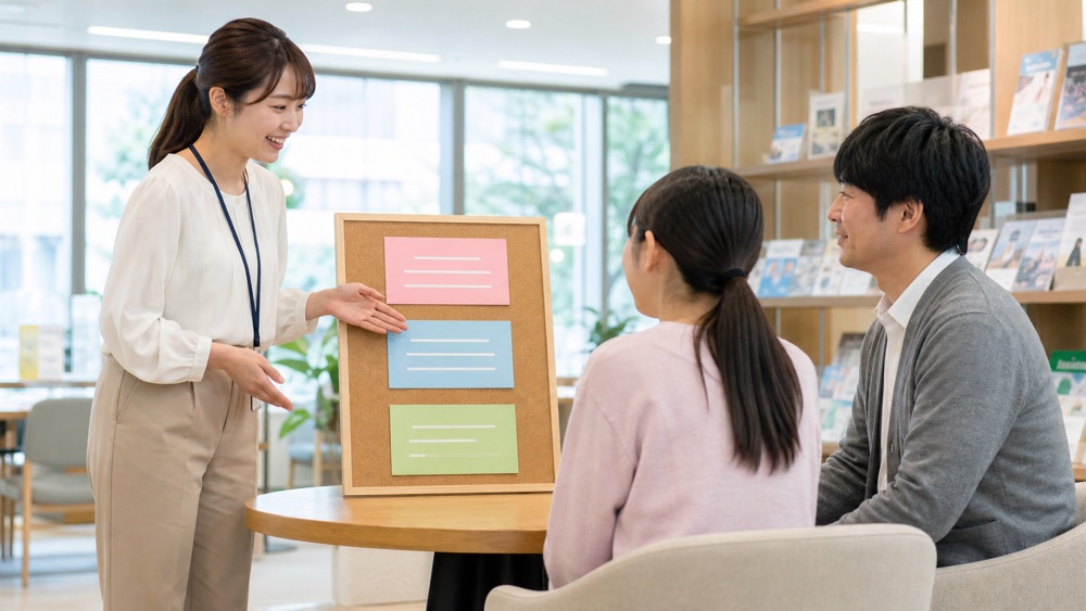 年代や生活状況に合わせた声優進路の説明を受ける家族（イメージ）