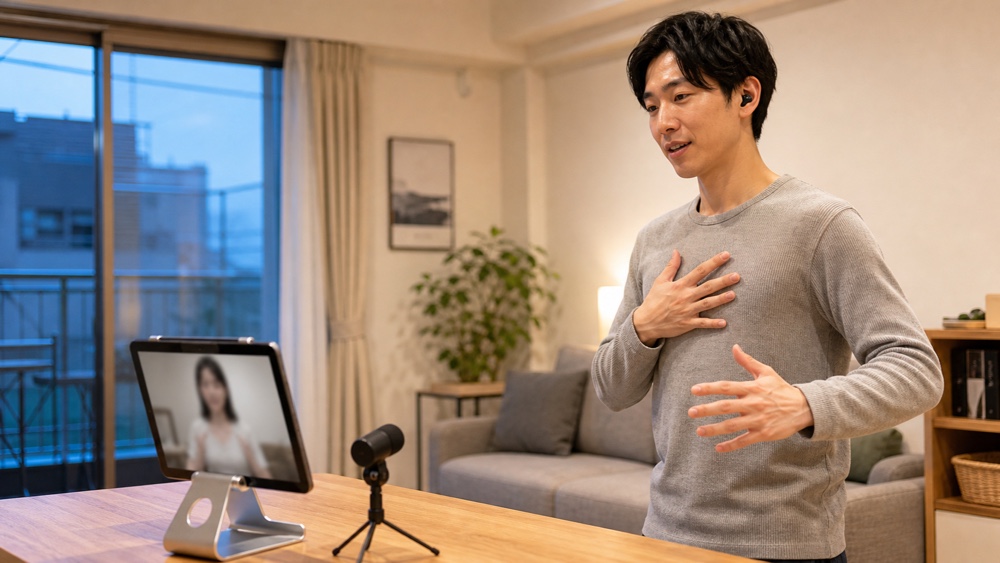 自宅のタブレットでオンライン発声指導を受ける男性（イメージ）