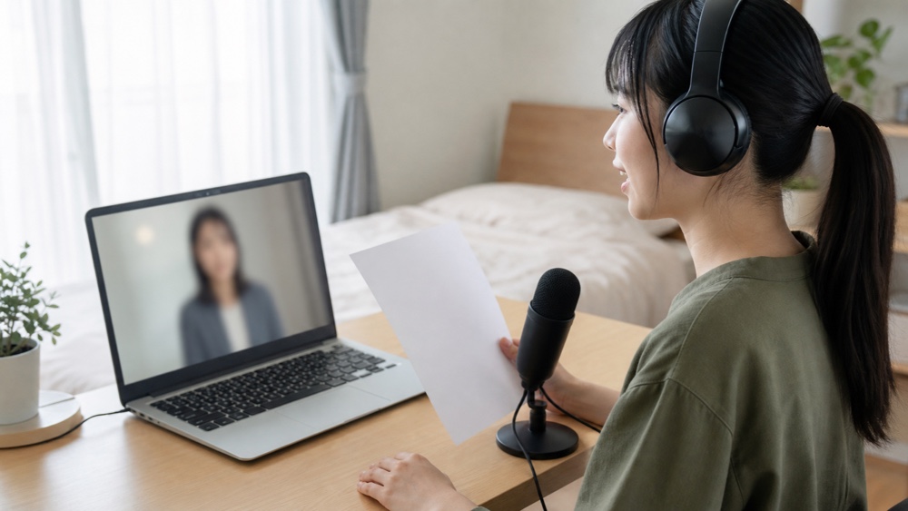 自宅のノートパソコンでオンライン声優レッスンを受ける女性（イメージ）
