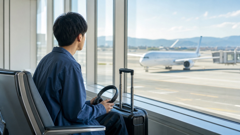 地方から声優業界を目指して空港で出発を待つ若者（イメージ）