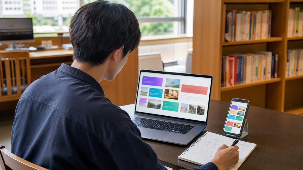パソコンとスマートフォンで声優学校の比較情報を調べる男性（イメージ）