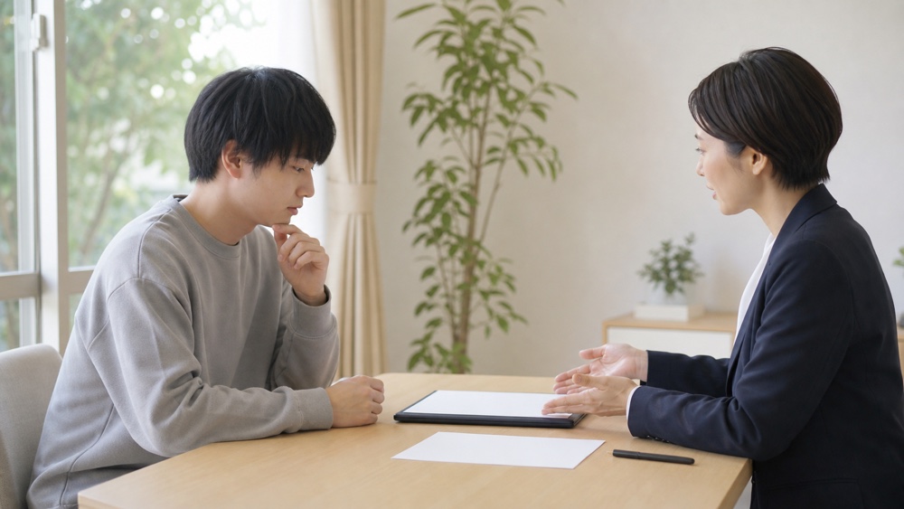芸能育成サービスの仕組みについて説明を受ける男性（イメージ）