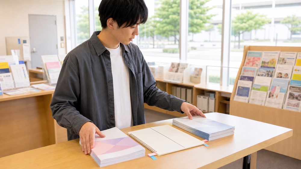 声優養成所と専門学校の資料を並べて比較する男性（イメージ）