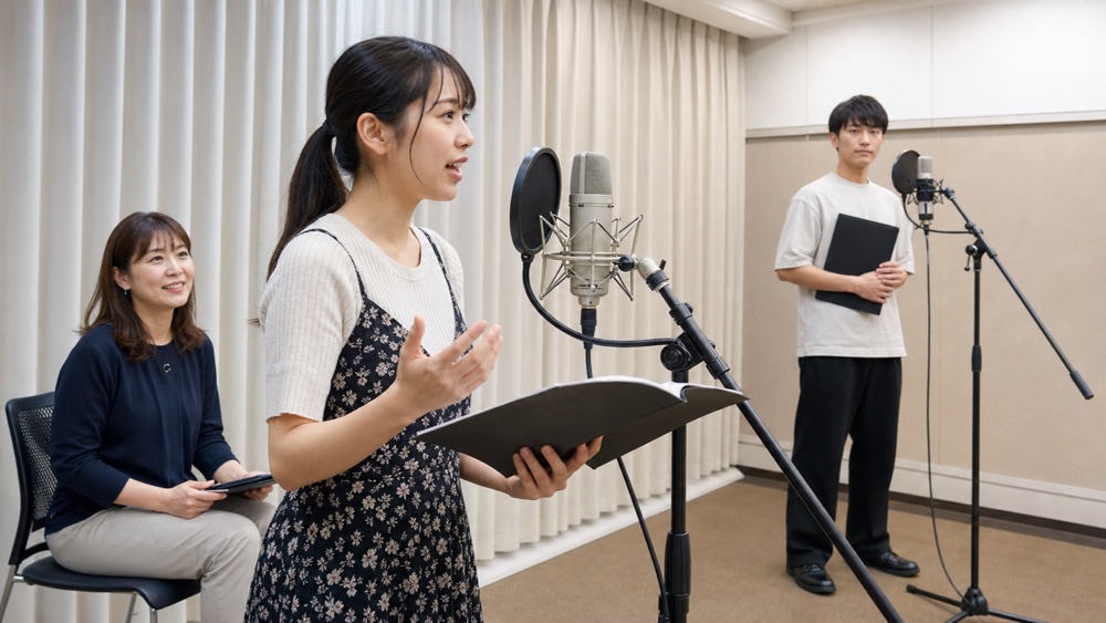 マイク前でオーディション練習をする声優志望の学生（イメージ）