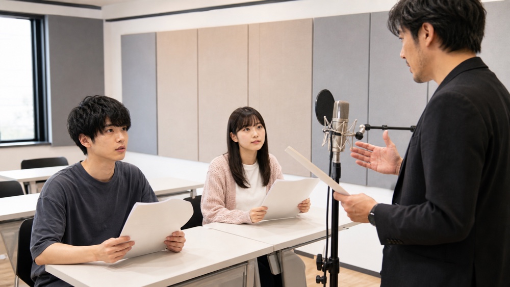 声優レッスン教室で講師の説明を聞く学生（イメージ）