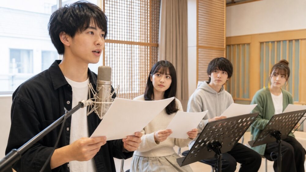 金沢の声優養成所のレッスンで台本を読む4人の声優志望者