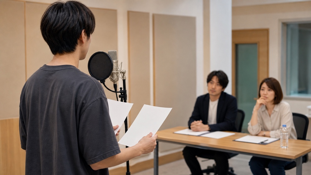 審査室のマイク前で台本を読む声優オーディション受験者