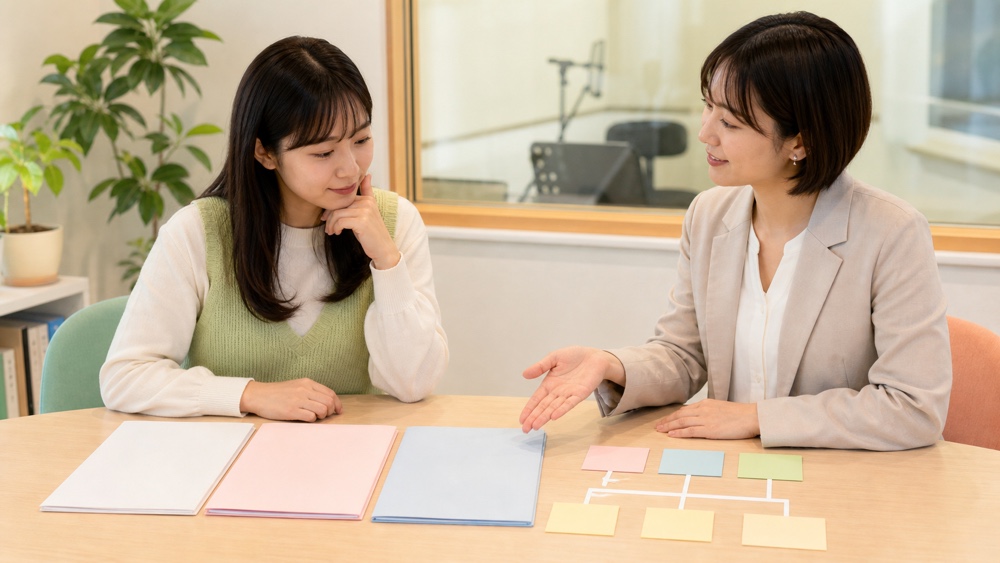 不合格後に進路資料を見ながら次の選択肢を相談する声優志望者