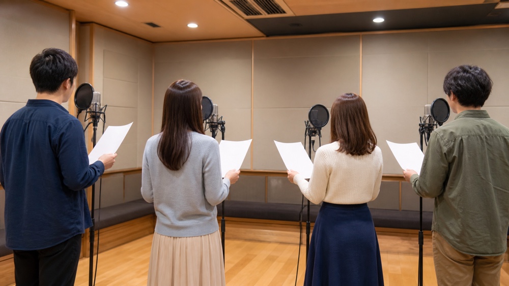 顔が識別できない複数の演者がマイク前で台本を読む収録風景