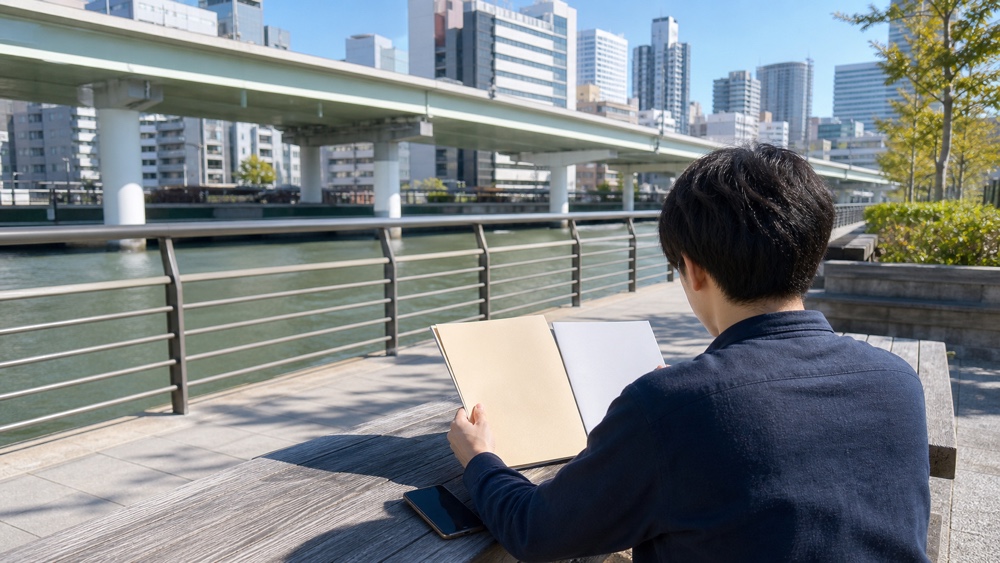 大阪の都市風景を背景に提携養成所の資料を確認する声優志望者