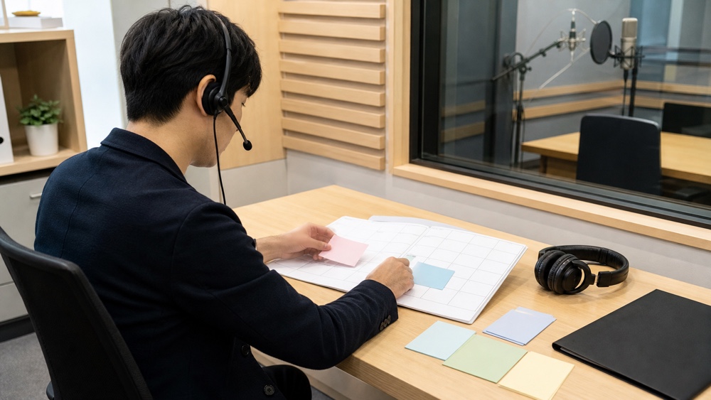 声優事務所のオフィスで収録予定と資料を確認するマネージャー