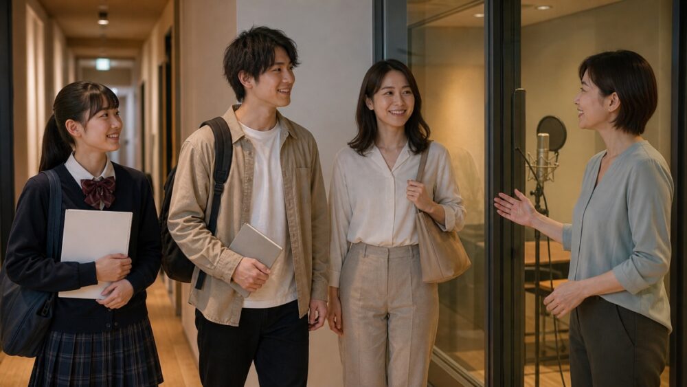声優レッスン会場で講師に迎えられる高校生・大学生・社会人