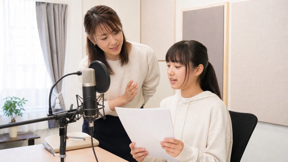 講師が中学生にマンツーマンで声優レッスンをするイメージ