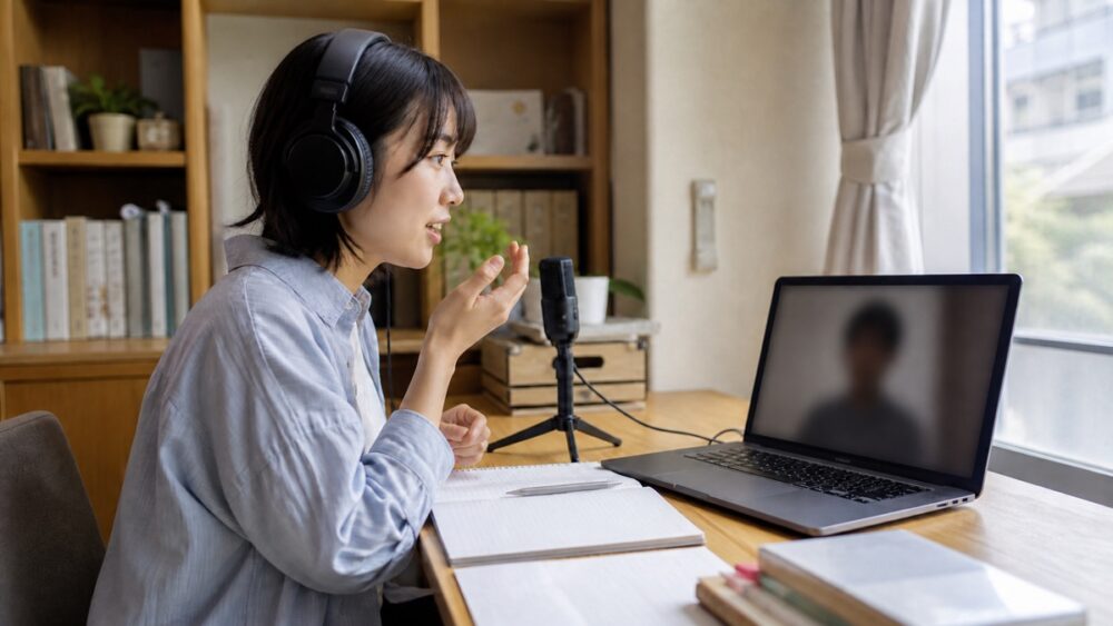 自宅からオンラインで声優レッスンを受ける女性のイメージ