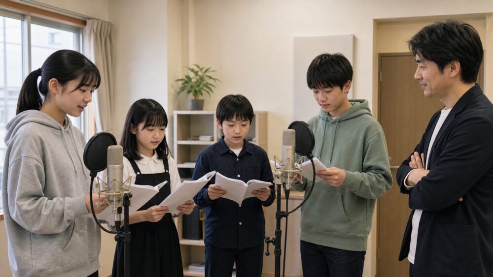 高知県内で通える声優養成所を検討する小中学生のレッスン風景