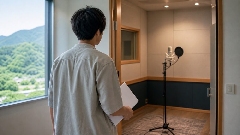 高知の山並みを背に収録ブースへ進む声優志望者の後ろ姿