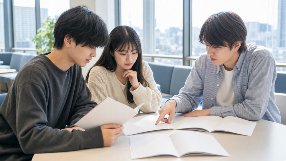 大阪・東京の声優養成所や専門学校の資料を比較する学生たち