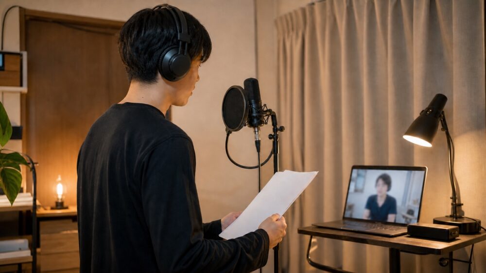 自宅から全国対応のオンライン声優レッスンを受ける男性