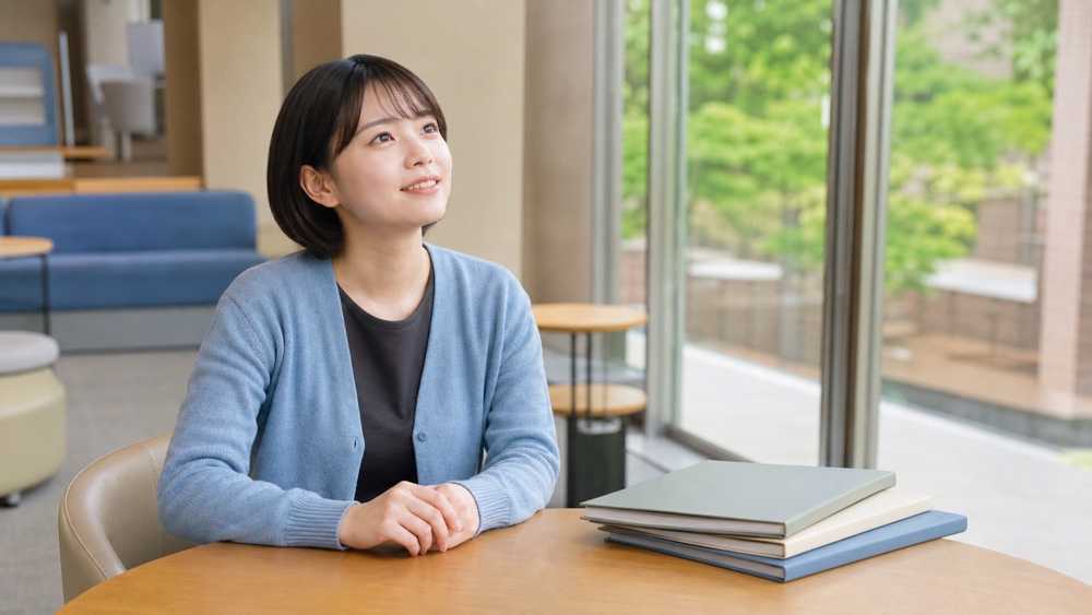 進路を調べ終えて納得した表情の女性