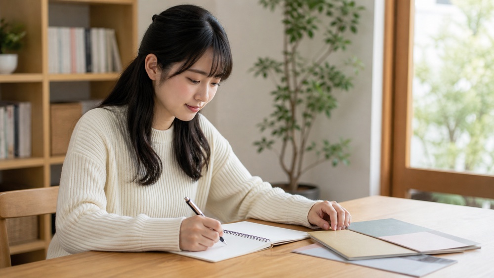 ノートに進路を書き出しながら考える女性