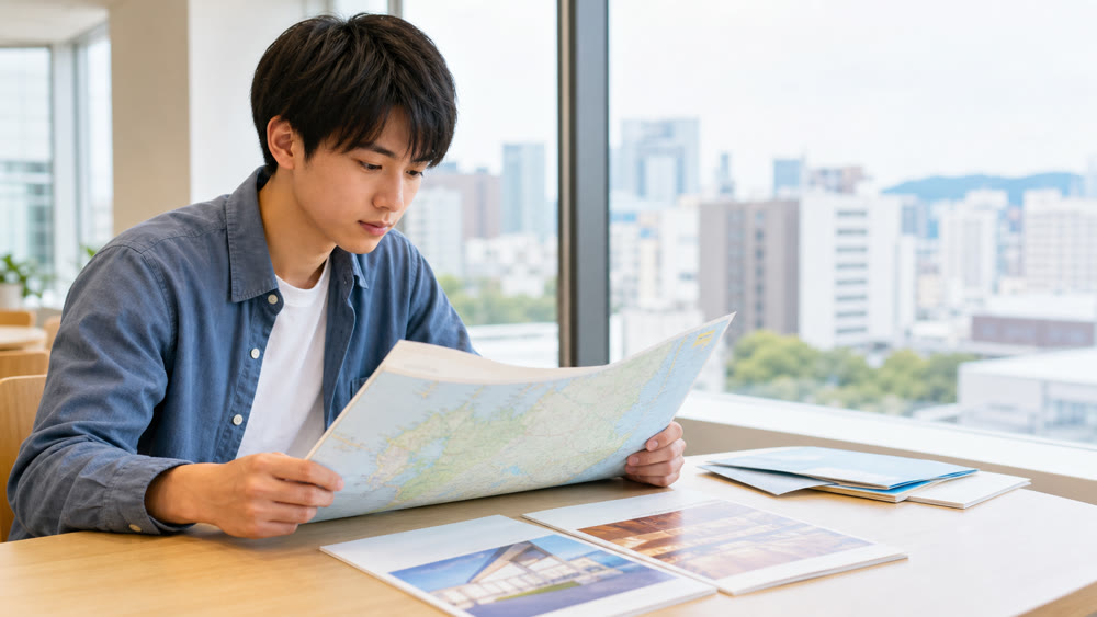 地図と資料で学校の所在地や学科を確認する学生