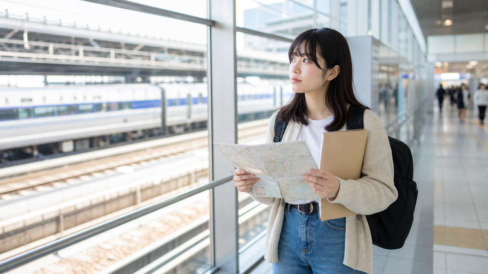 地方から遠方の声優専門学校へ通う選択肢を駅で考える学生