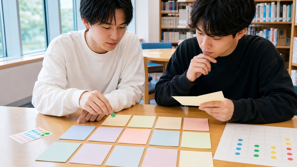 複数の進路候補をカードで比較する学生たち