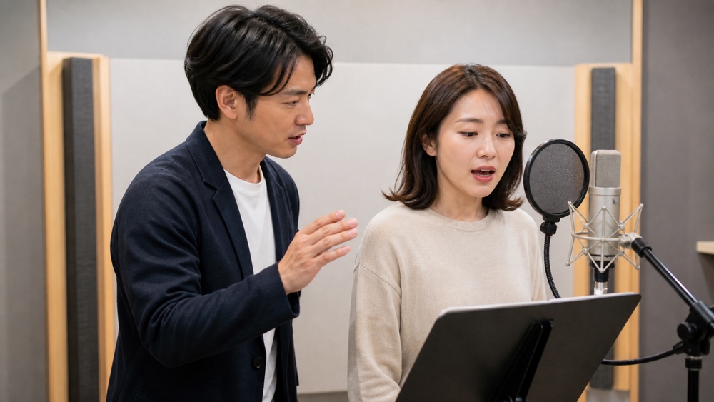 録音マイクの前で講師から演技指導を受ける声優志望者