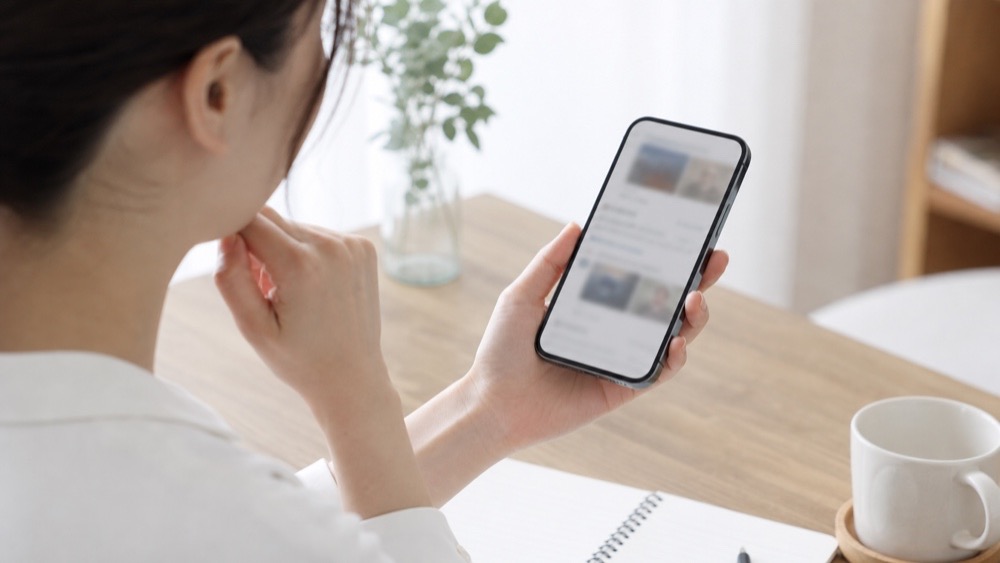 スマートフォンで養成所の公式発信を確認する様子