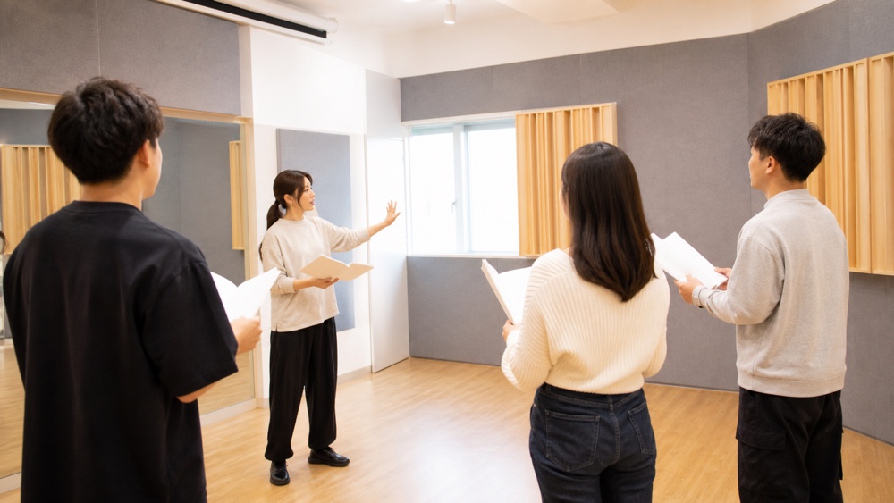 講師と受講生が台本を使って学ぶ声優養成所のグループレッスン