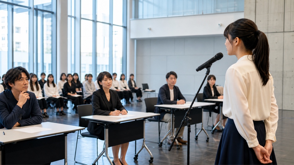 声優事務所の審査員を前に合同審査会へ臨む学生