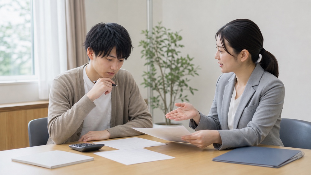 学費と就職について進路アドバイザーに相談する学生