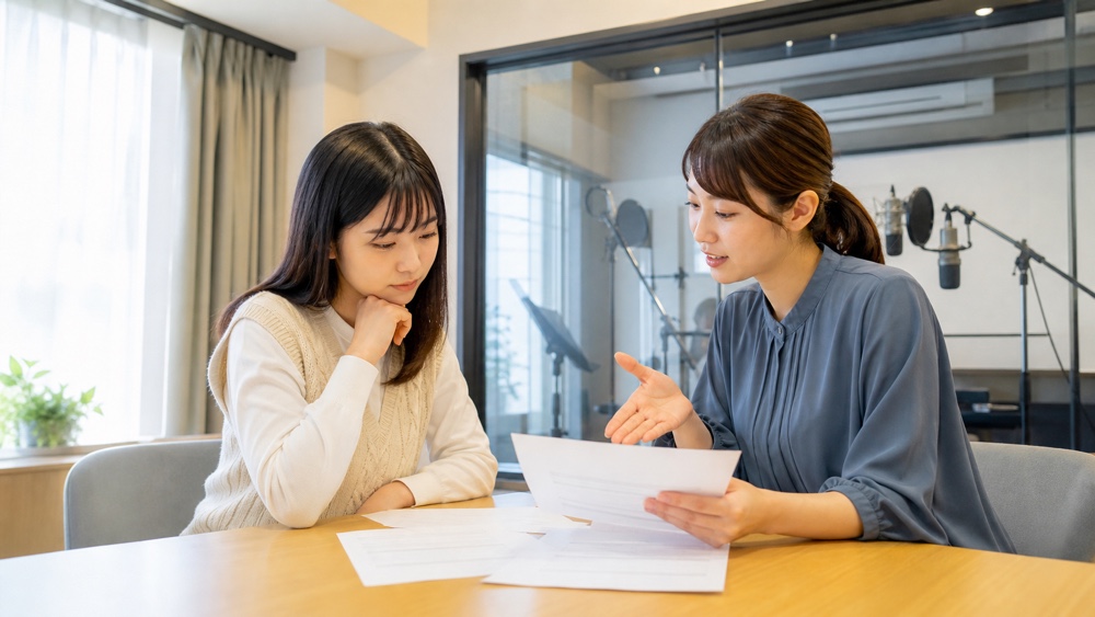 声優事務所のオフィスで資料を確認する様子