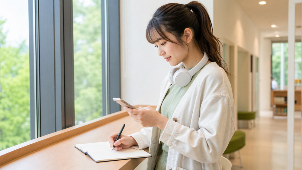 スマートフォンでFAQを確認しながら疑問点をノートに整理する学生
